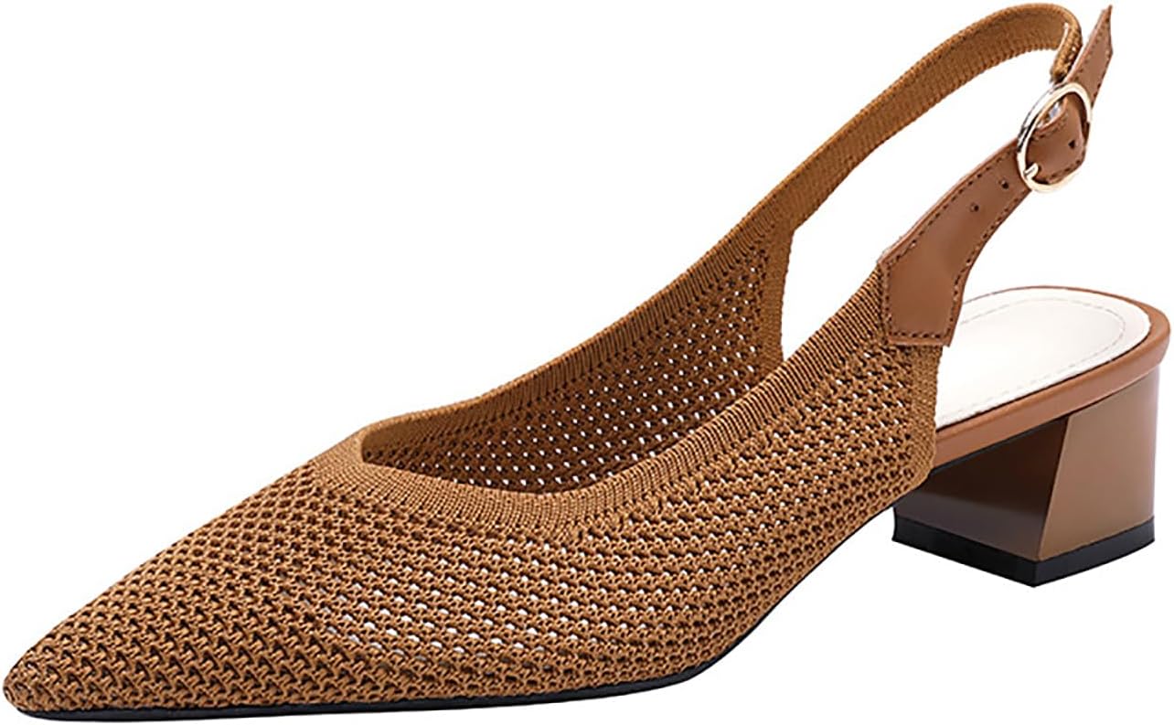 Women's Knit Mesh Slingback Heels Pumps with Adjust Ankle Strap Fashion Closed Pointed Toe Comfortable Chunky Heel Mules Sandals Work Office Wedding Dressy Shoes