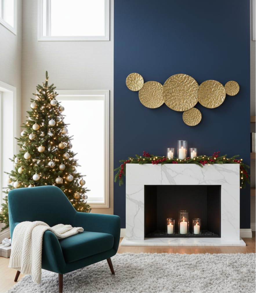 XXL Wanddeko NENUX Wandbild Metall Blumen Wandschmuck Kreise 118 x 55cm gold Deko Wohndeko