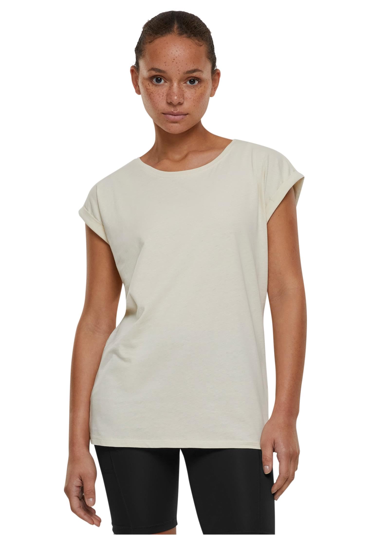 Build Your Brand Women's Extended Shoulder Tee, Whitesand., XS