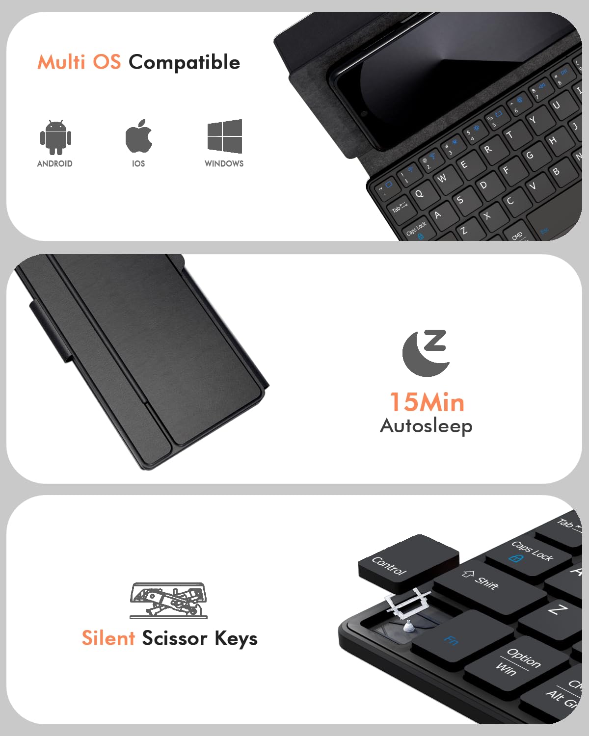 Doohoeek Universal Bluetooth Mini Keyboard, Wireless Compact Keyboard with Navigation Keys & Any-Angle Stand for Android/iOS/Windows, Dual-Device Keypad for Phones/Galaxy Z Fold/iPad mini: Black