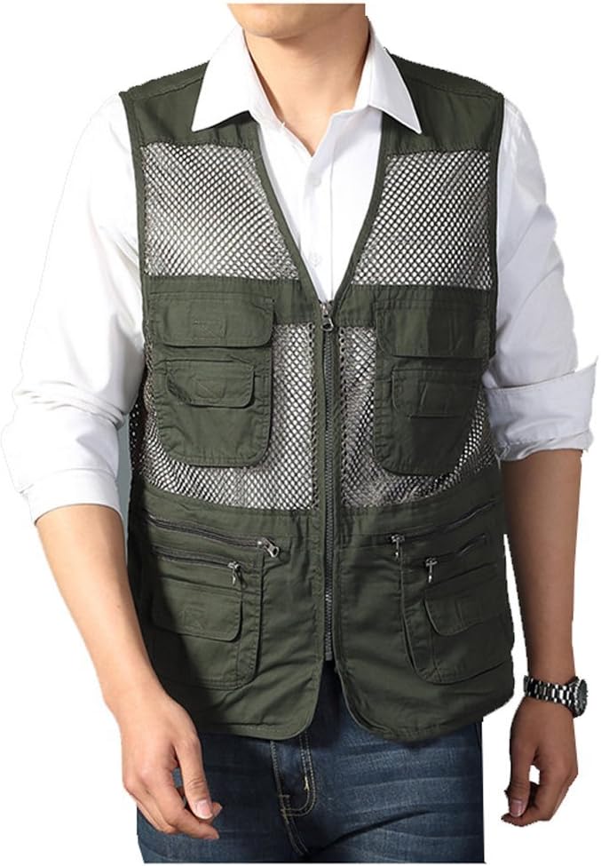 Men's Mesh Fishing Vest Photography Work Multi-pockets Outdoors Journalist's Vest Jacket (Army green, Medium)