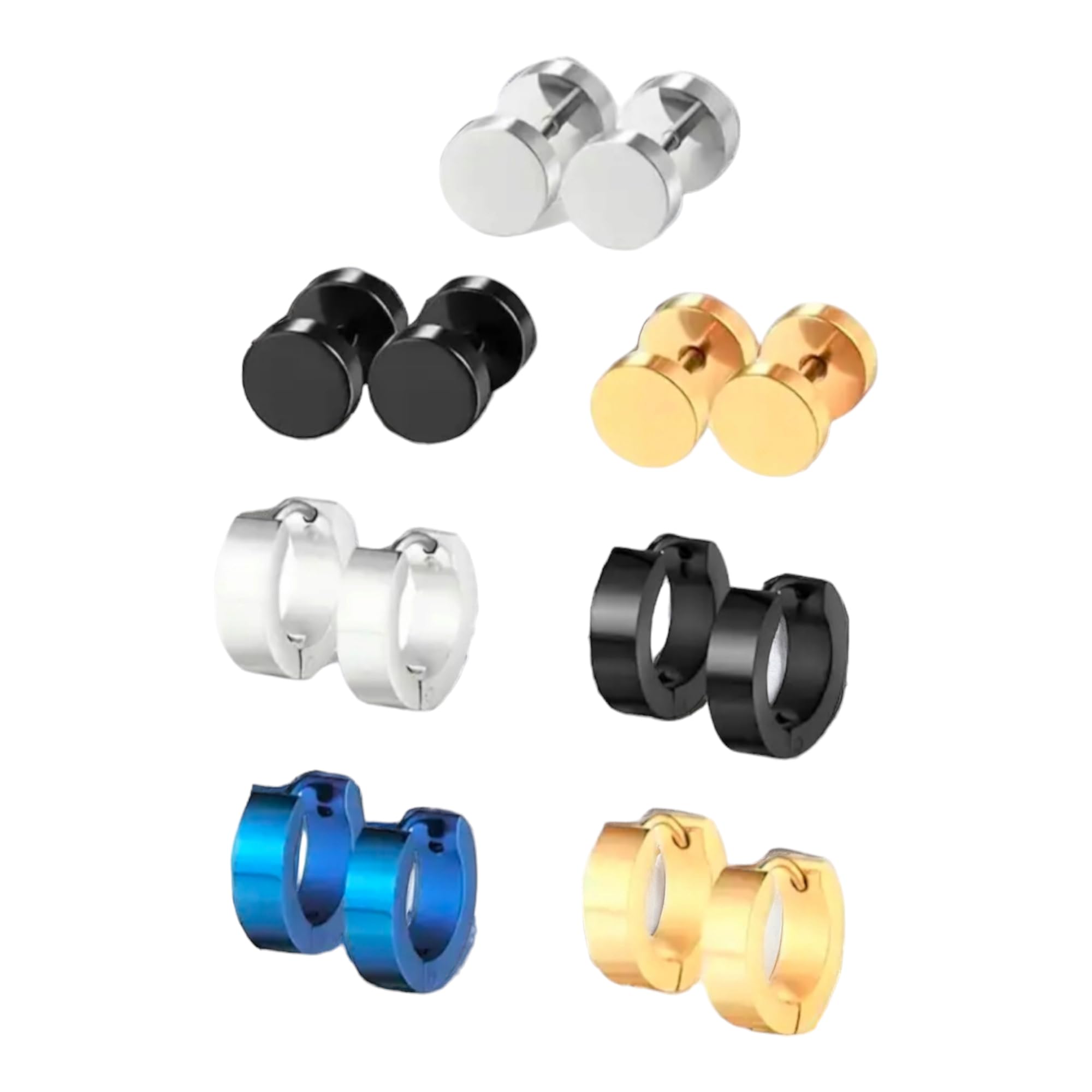 ™ Trendy Silver Black Blue Golden Huggie Hinged Hoop & Round Barbell Dumbbell Screw Back Piercing Studs Earrings Stainless Steel Bali Combo For Men Women Boys Girls Unisex (Pack of 7 Sets)-image-17