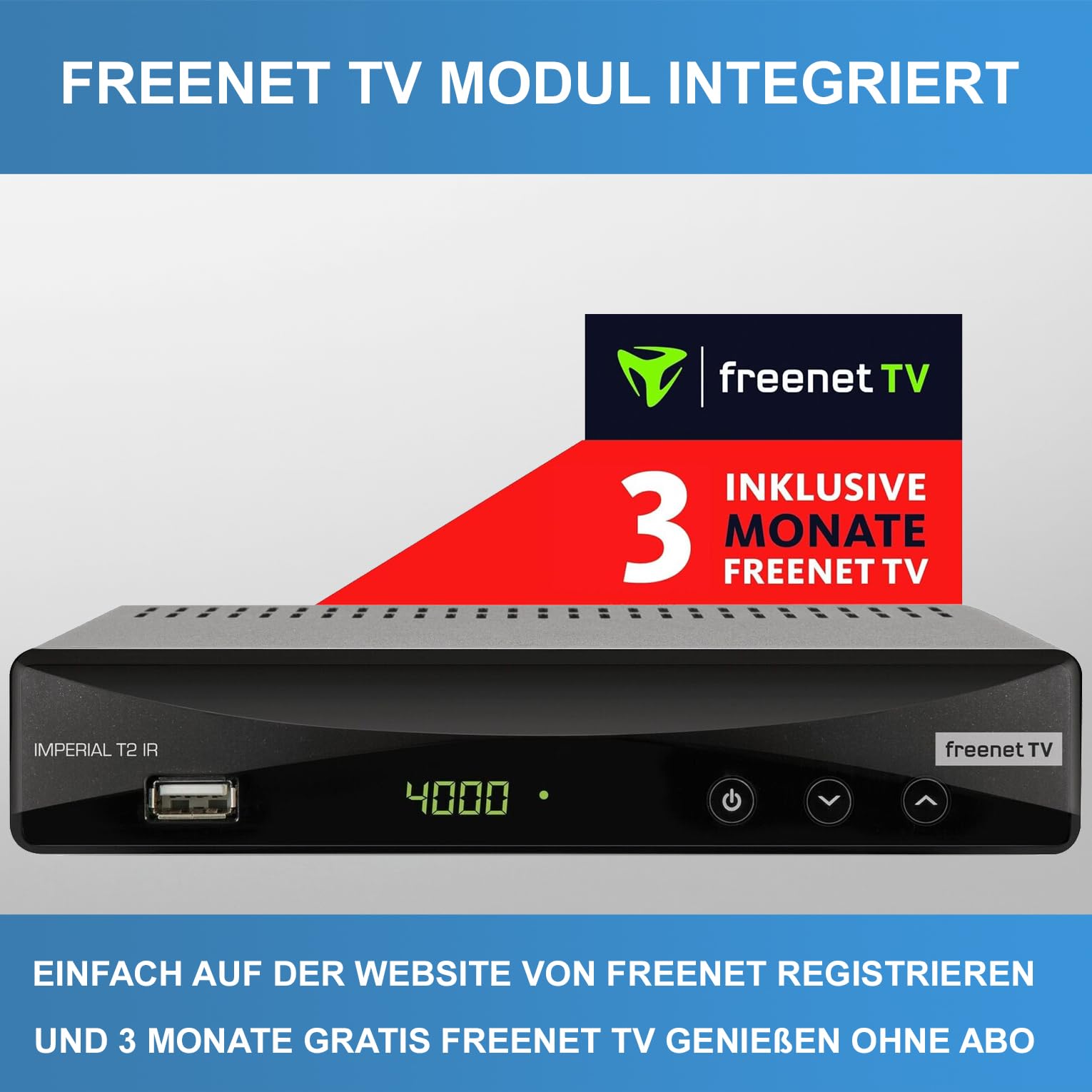 Imperial T2 IR Plus DVB-T2 Receiver (Inkl. 3 Monate FREENET TV) + DVB-T Antenne + netshop 25 HDMI Kabel, PVR Ready, HDMI & SCART, USB, HDTV mit Aufnahmefunktion und Time-Shift