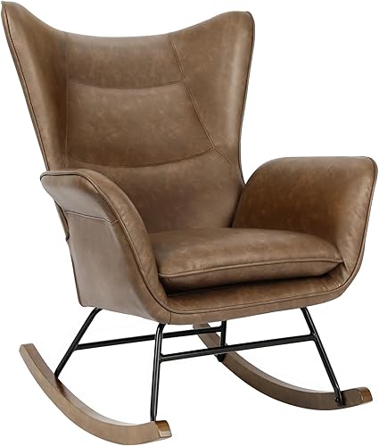 Miniatura 1 de Gecheer Rocker - Silla mecedora moderna de piel sintética, con base de madera, respaldo alto y reposabrazos, asiento acolchado, cómoda silla