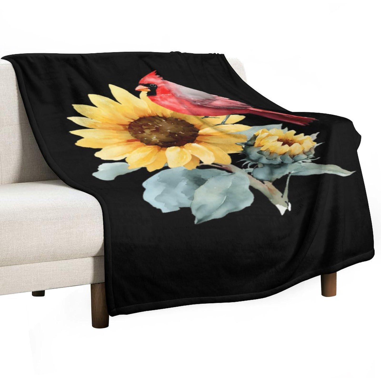 Cgsbngha Style Watercolor Sunflower Cardinal Bird Flannel Fleece Blanket Lightweight Soft Throw Blankets For Sofa Couch Bed Chair