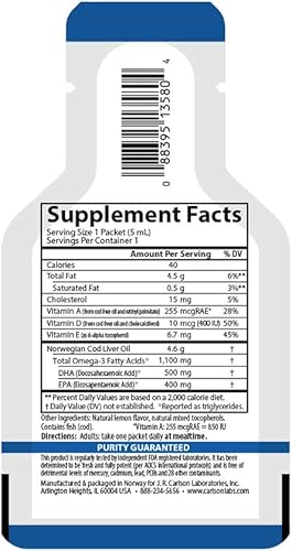 Miniatura 8 de Carlson - Paquetes de aceite de hígado de bacalao Grab + Go, paquetes de viaje, Rip & Sip, de una sola porción, 1100 mg de omega-3, más vitaminas A