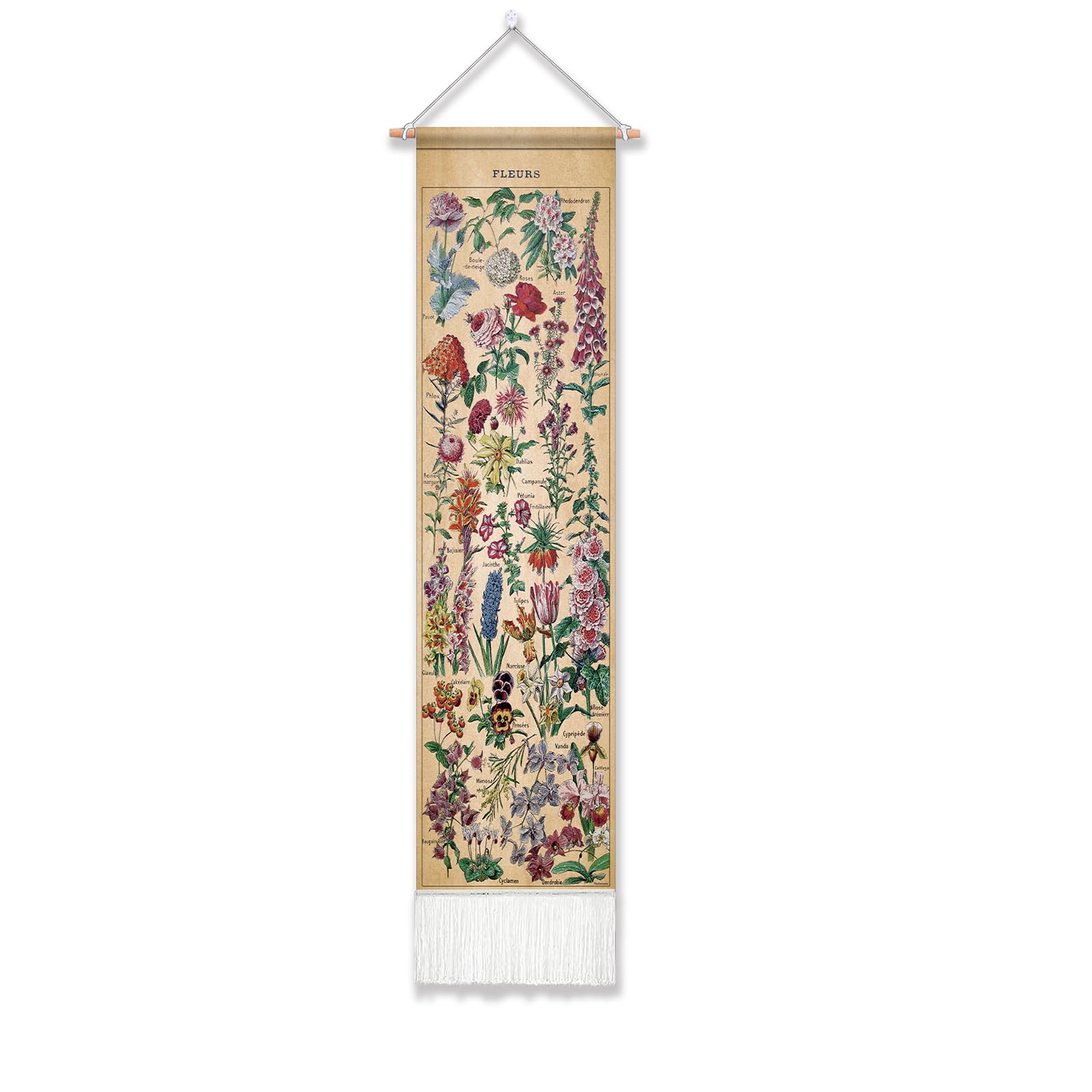 Jhdstore Vintage Flower Tapestry, 51 x 13 Inch, Vertical Wall Hanging, Botanical Tapestry with Tassels, Perfect for Bedroom, Living Room, Office, Hotel, Restaurant, Retail Store Decor