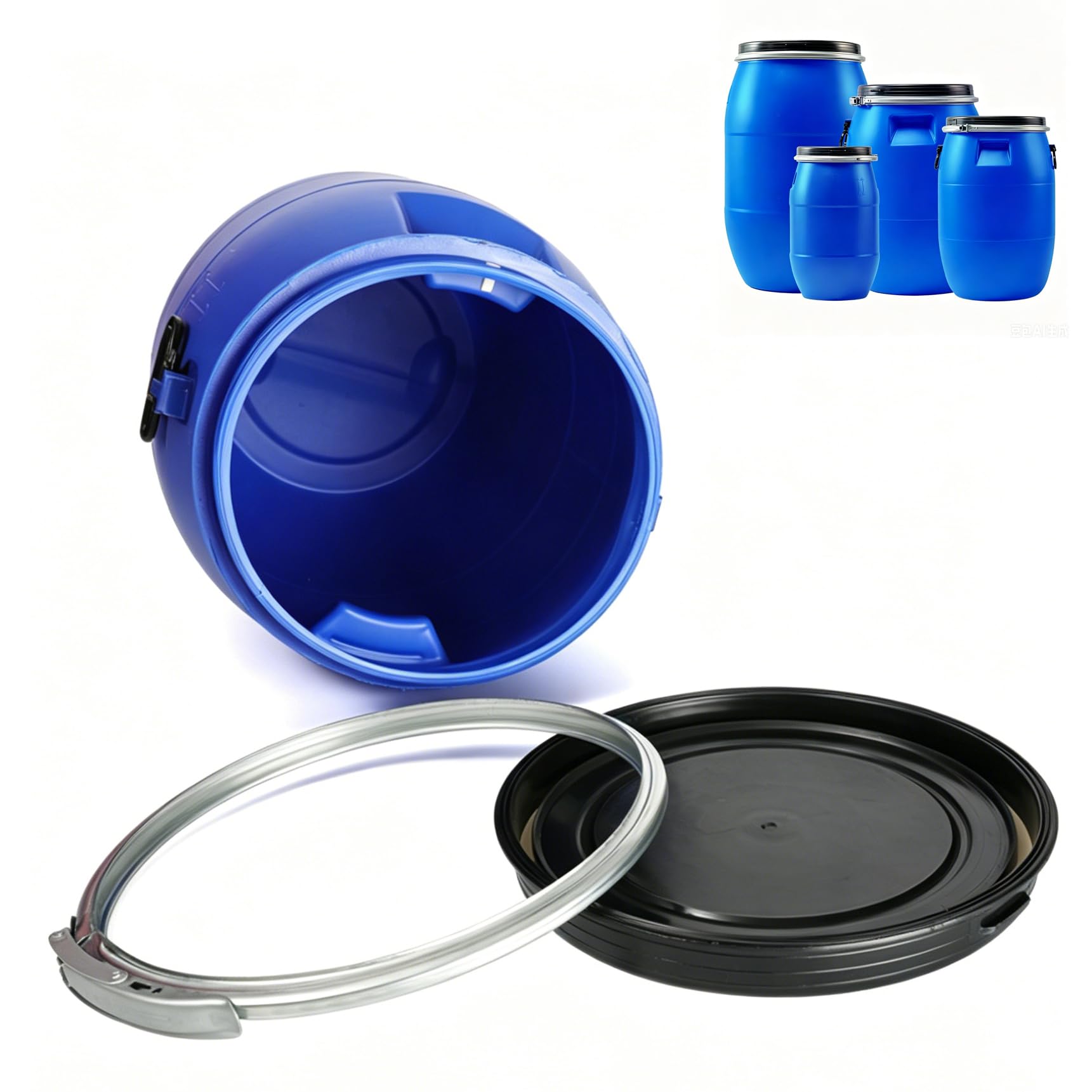 Bidone in Plastica Blu con Coperchio Ermetico, Fusto di Stoccaggio ad Alta Capacità con Anello di Bloccaggio, Contenitore per Acqua, Trasporto, Raccolta Acqua Piovana e Deposito 60L