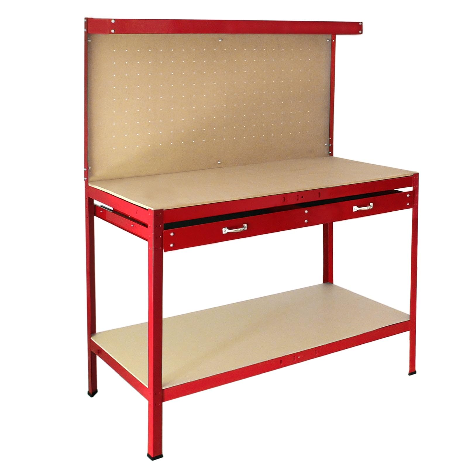 Banco da Lavoro a 3 Livelli con Piano da 120x60cm Ultra Resistente e Pannello Parete Forata Porta Attrezzi Utensili e 40 Ganci universali GRATIS + 2 Mensole e Cassetto - Rosso
