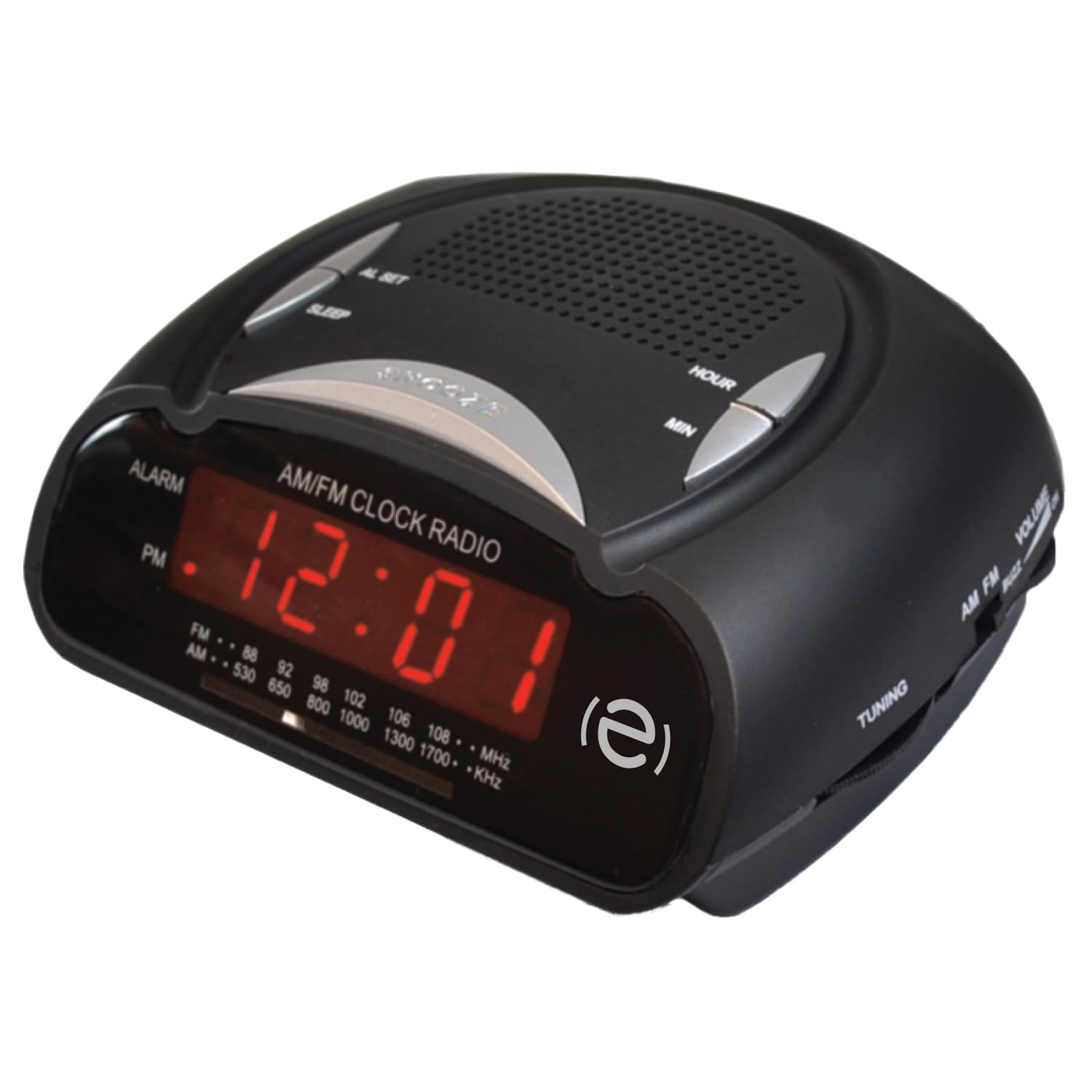 Front view of the Escape AM/FM Alarm Clock Radio, showing the digital display and top control buttons.