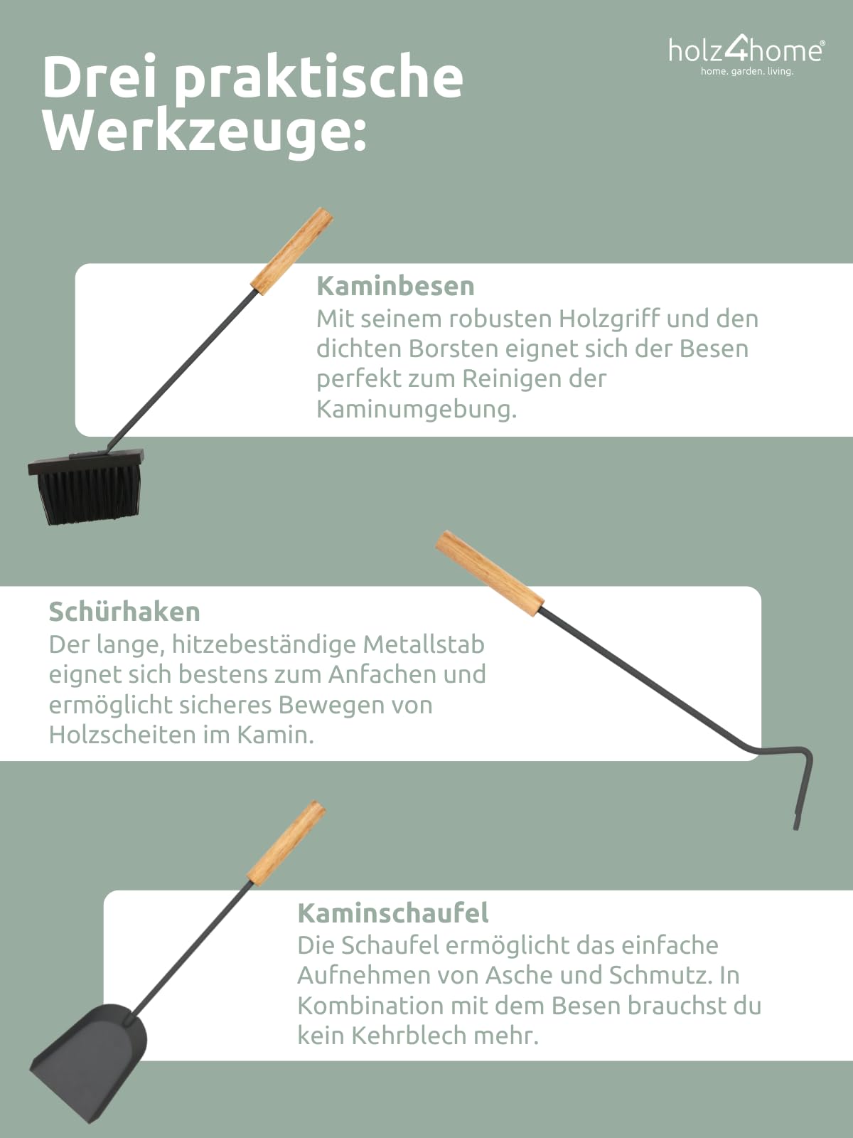 holz4home® Kaminbesteck 5-tlg. Grauschwarz mit Holzgriff inkl. Ofenhandschuh I Kaminset Kamingarnitur Anthrazit Ofenbesteck Schürhaken Besen Ascheschaufel