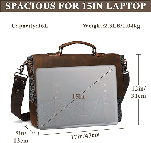 Miniatura 3 de VASCHY Bolsa de mensajero para hombre, bolso de lona de tweed de cuero vintage de 15.6 pulgadas para laptop de negocios, bolsa de hombro cruzada con