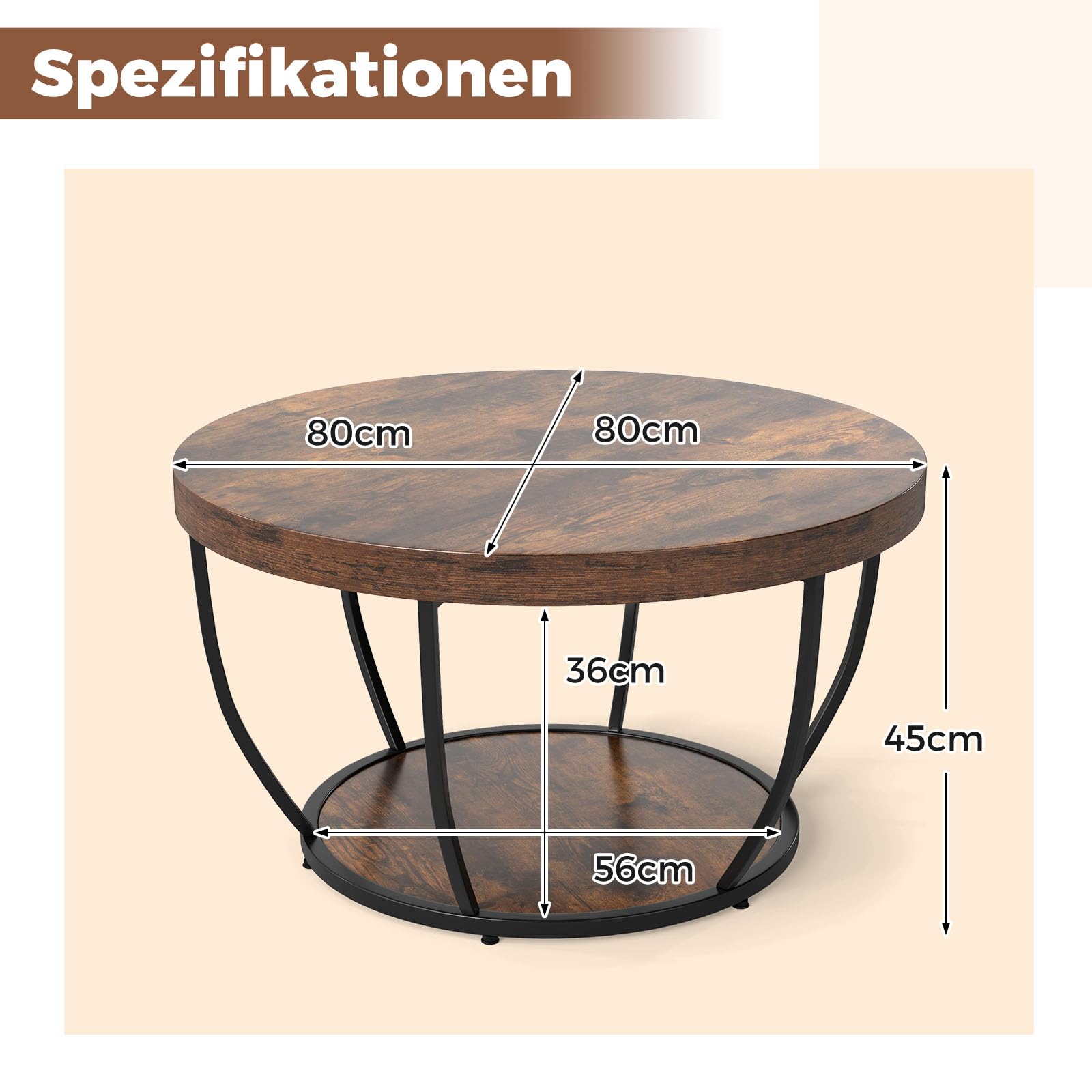 COSTWAY Couchtisch rund, Sofatisch Holz mit 2 Ebenen & Metallrahmen, Wohnzimmertisch Kafeetisch 80 cm D für Wohnzimmer, Empfangsraum, Büro (Rustikales Braun)