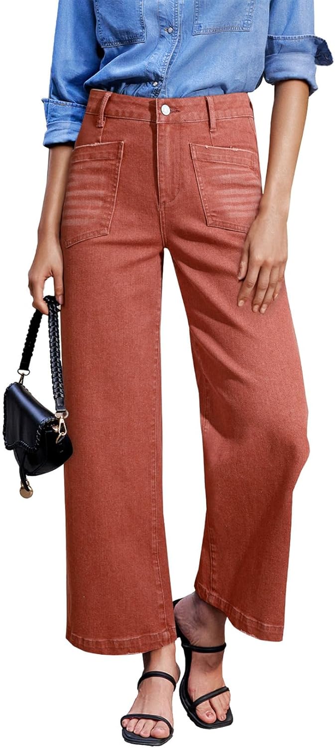 Sidefeel Women’s Wide Leg Jeans High Waisted Stretchy Jeans Straight Leg Loose Fit Zimbaplatinum Ankle Denim Pants