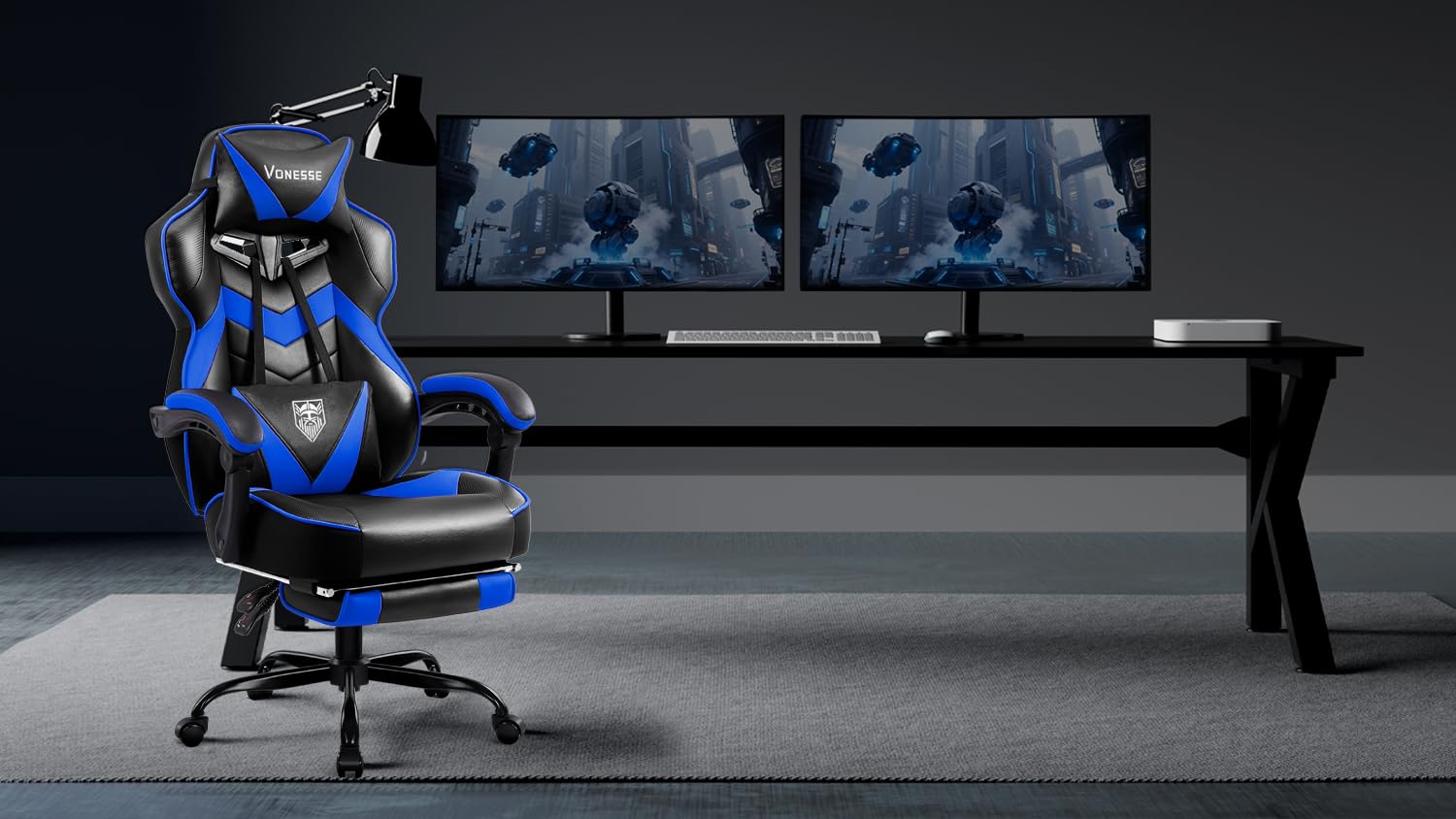 Vonesse Gaming Chair, High Back Gaming Chair with Footrest and Massage, Gaming Chairs for Adults with Pocket Spring Cushion, Big and Tall Reclining Computer Chair with Lumbar Support (): Blue/Black