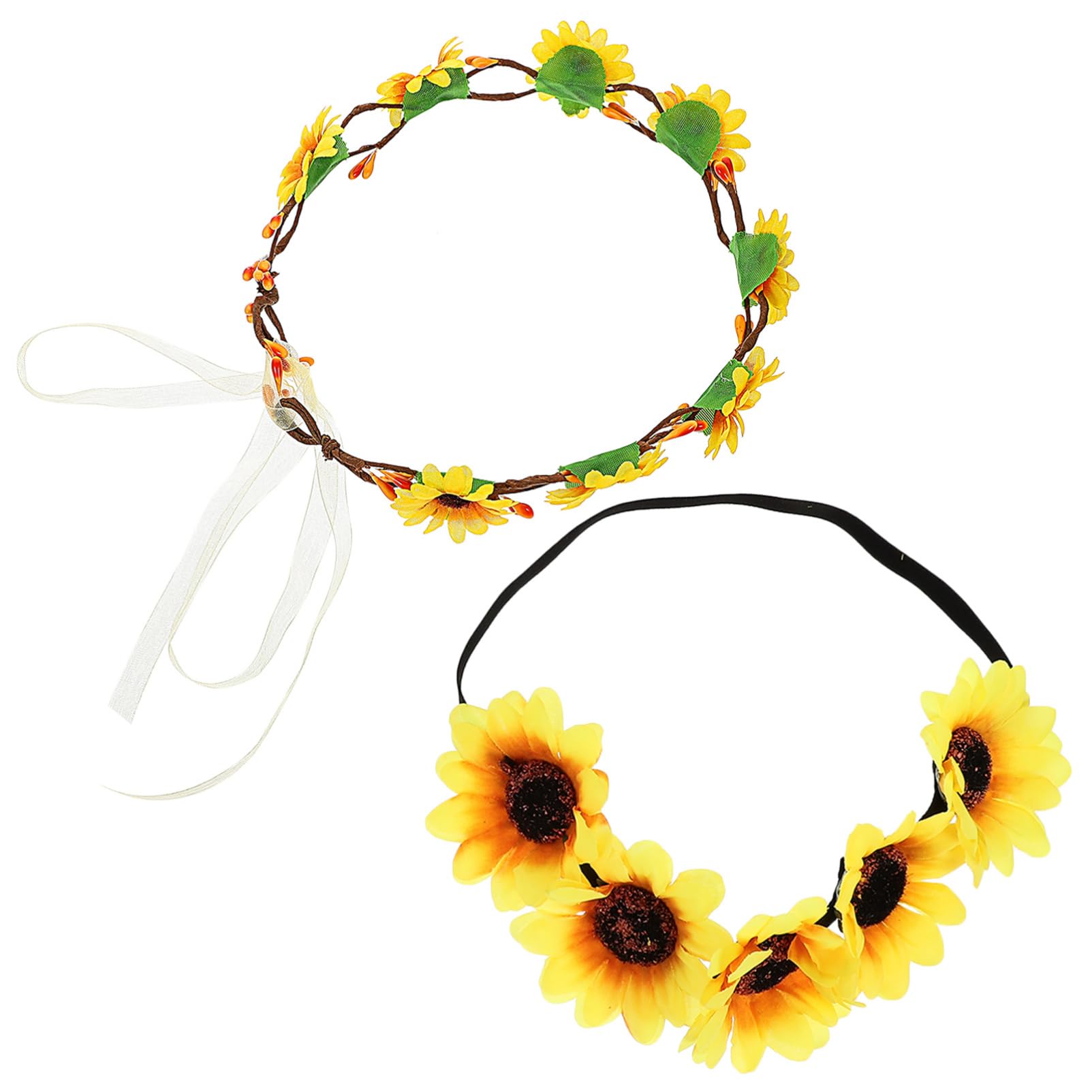 Lot de 2 Bandeaux à Fleurs Tournesol Jaune en Tissu et Nylon, Design Élastique, Accessoires Cheveux Mariage Plage Bohème pour Mariée et Demoiselle D'honneur