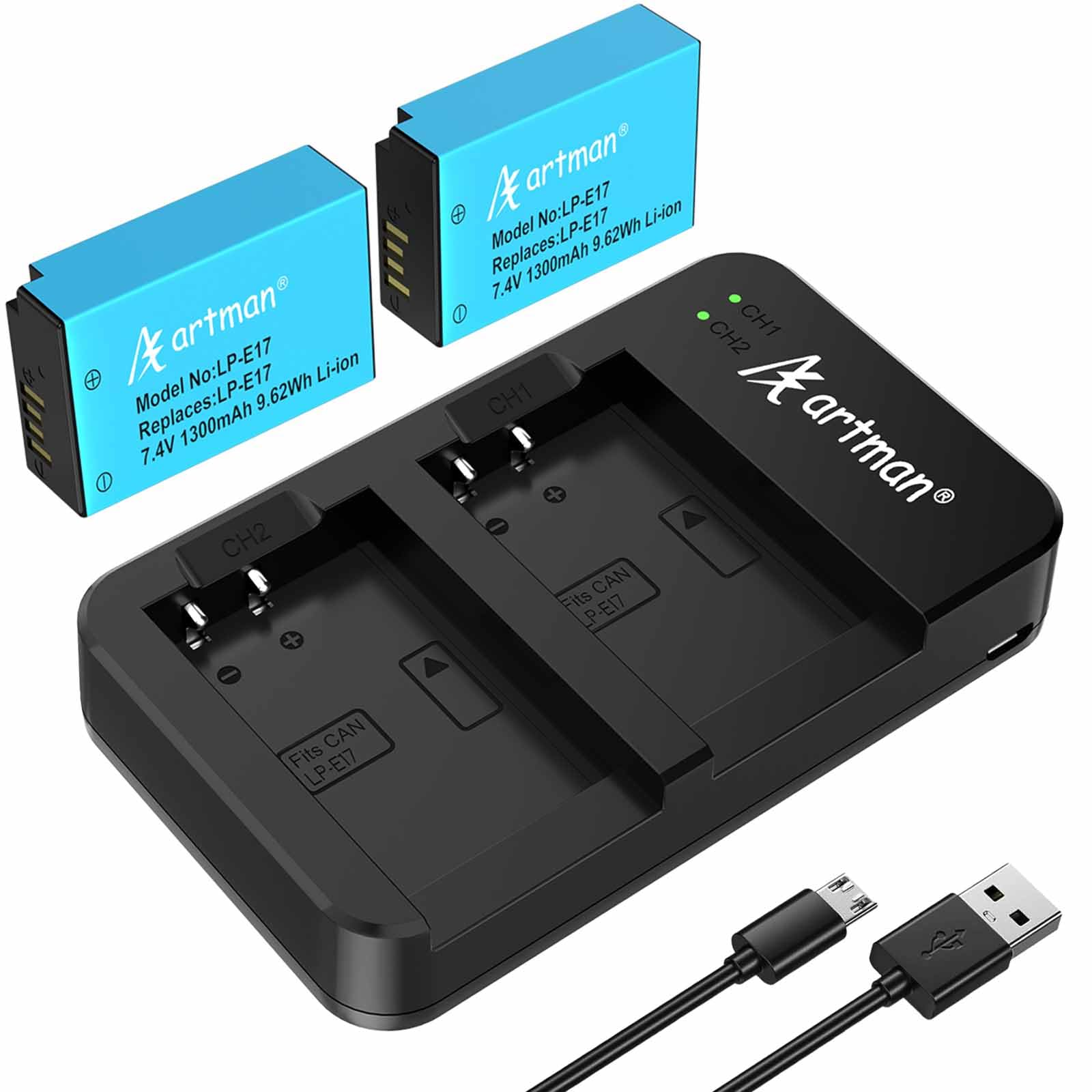 Artman LP-E17 Battery 2-Pack and Rapid Dual USB Charger for Canon EOS R100 R50 RP R10 R8 Rebel T8i T7i T6i T6s SL2 SL3 M3 M5 M6 77D 200D 250D 750D 760D 800D 8000D Digital SLR CameraClimatePartner certified
