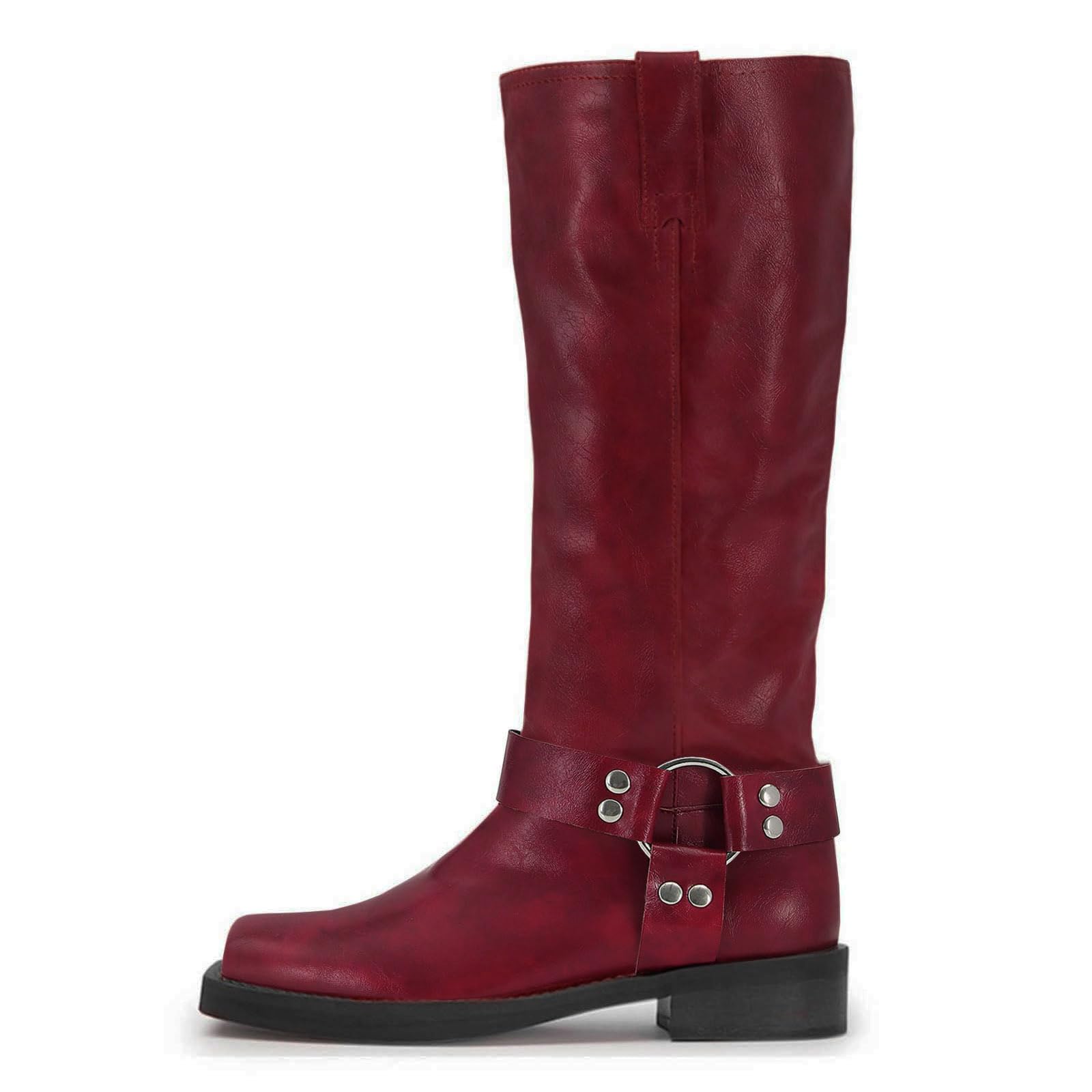 Womens Knee High Riding Boots Leather Studds Biker Boot Square Toe Block Chunky Heel Slip on Tall Motorcycle
