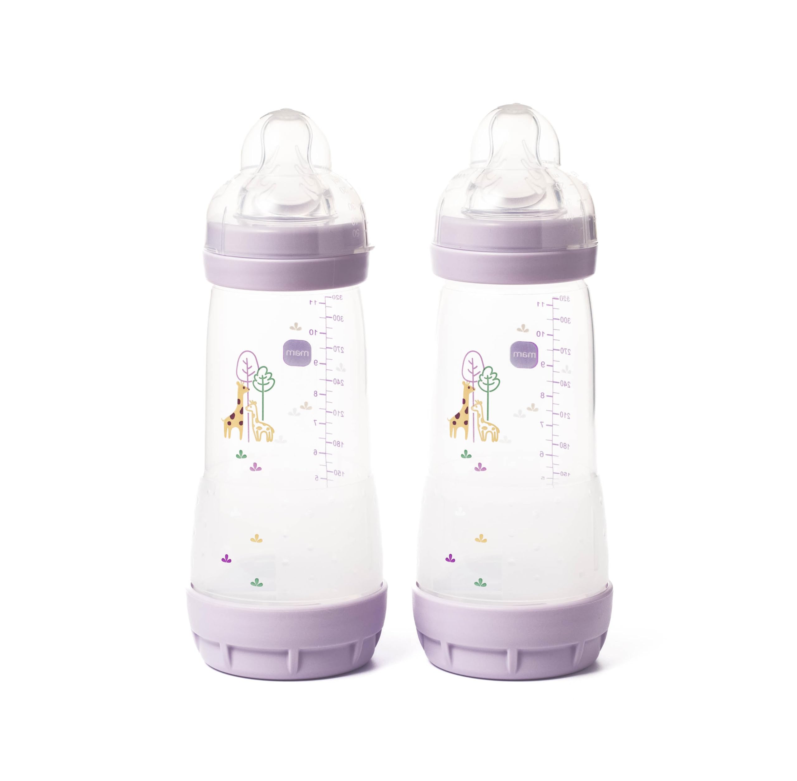 Easy Start Anti-Colic Baby Bottles | 2 Pack (2 x 320ml) | Self-Sterlising | Fast Flow MAM Teats Size 3 | Baby Accessories | Pink (Various Designs)