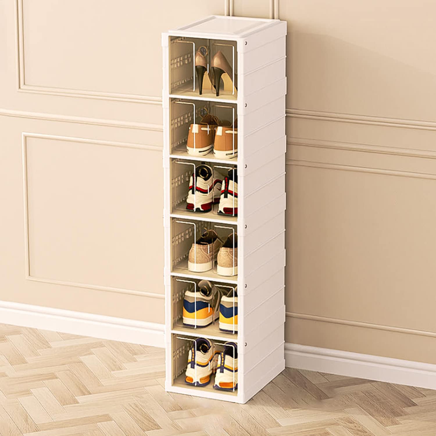 KLONOX Collapsible Shoe Box, Shoe Box Storage Transparent, One-Piece Plastic Stackable Shoe Storage Box, Shoe Organizer (6Pcs)