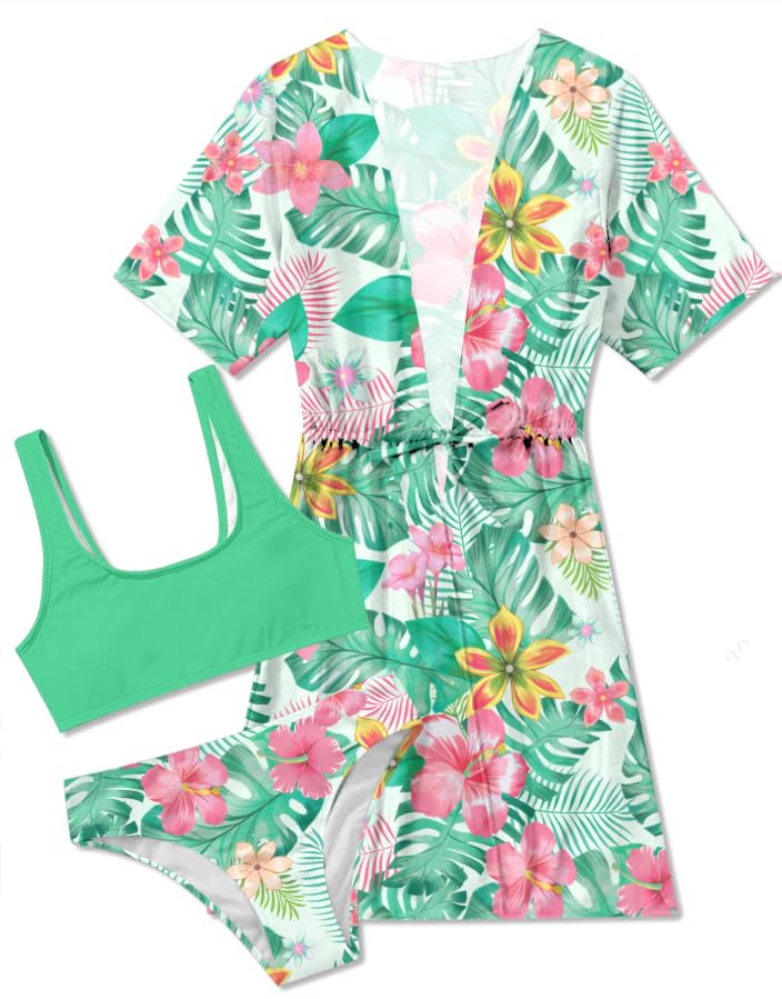 AIDEAONE 5-16T Girls Bathing Suit 3 Piece Swimsuit Drawstring Quick Dry Tankini with Cover Ups