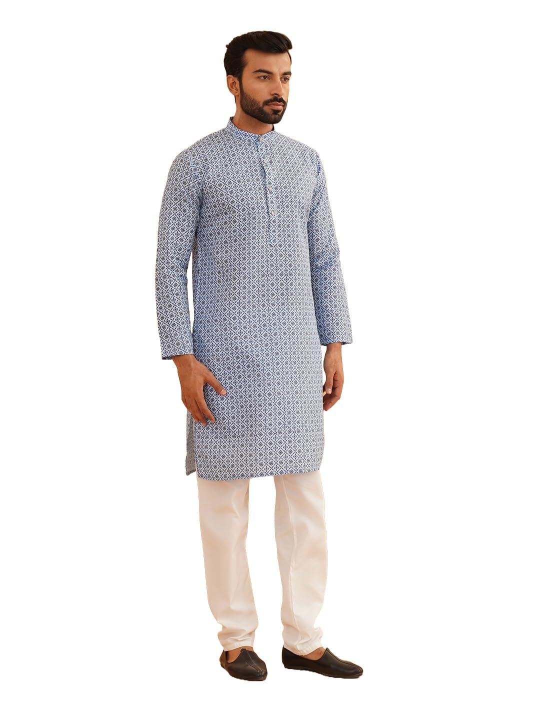 Sojanya (Since 1958 Men's Cotton Linen Blue Foil Printed Kurta And White Pyjama Set