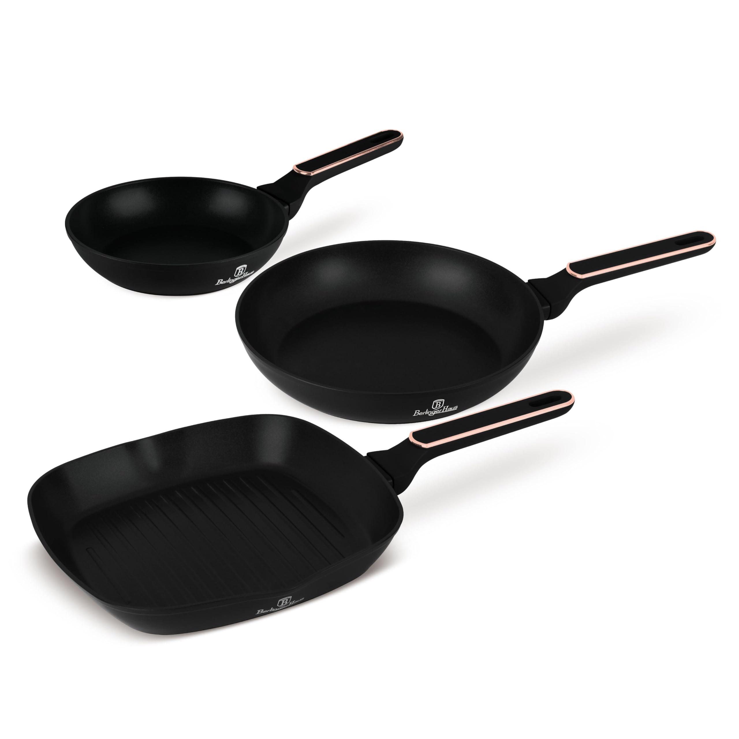 Berlinger Haus Pfannenset mit Antihaftbeschichtung (3-teilig), geschmiedetes Aluminium, TitanPro, Induktion, ergonomischer Griff, Schwarz/Rosa, Kollektion Black Rose
