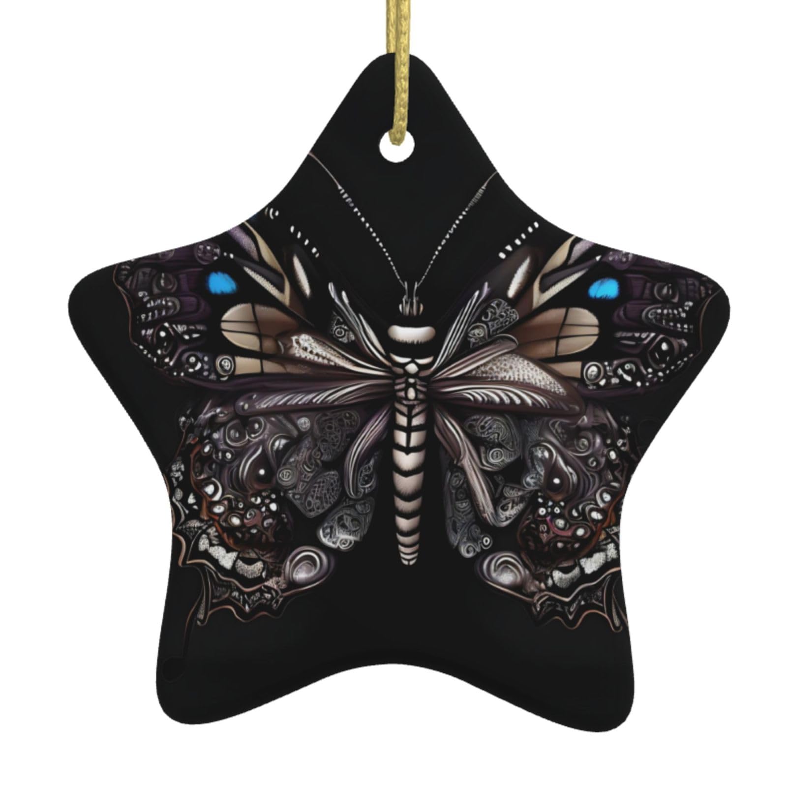 Science Butterfly Christmas Ceramic Star Pendant with Punched Holes and Gold Wire Rope, Christmas Tree Home Decoration