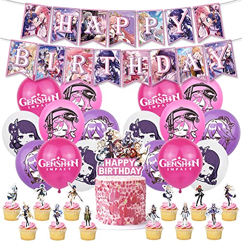 IOSCDH 30 pcs Genshin Impact Geburtstag Deko Set Anime Themenpartyzubehör Anime Balloons Cupcake Toppers Birthday Banner Cake Topper Paimon Birthday Dekoration für Kinder Cover