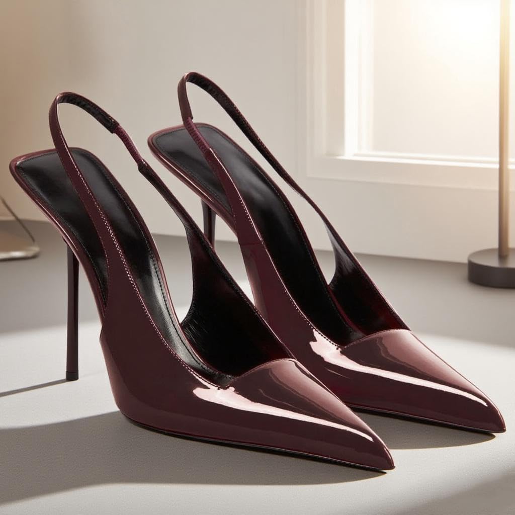 Women's Slingback Stiletto High Heels Pointed Toe Slip On Pumps Shoes Patent Leather Stretch Strap Backless Dress Heels - Image 3