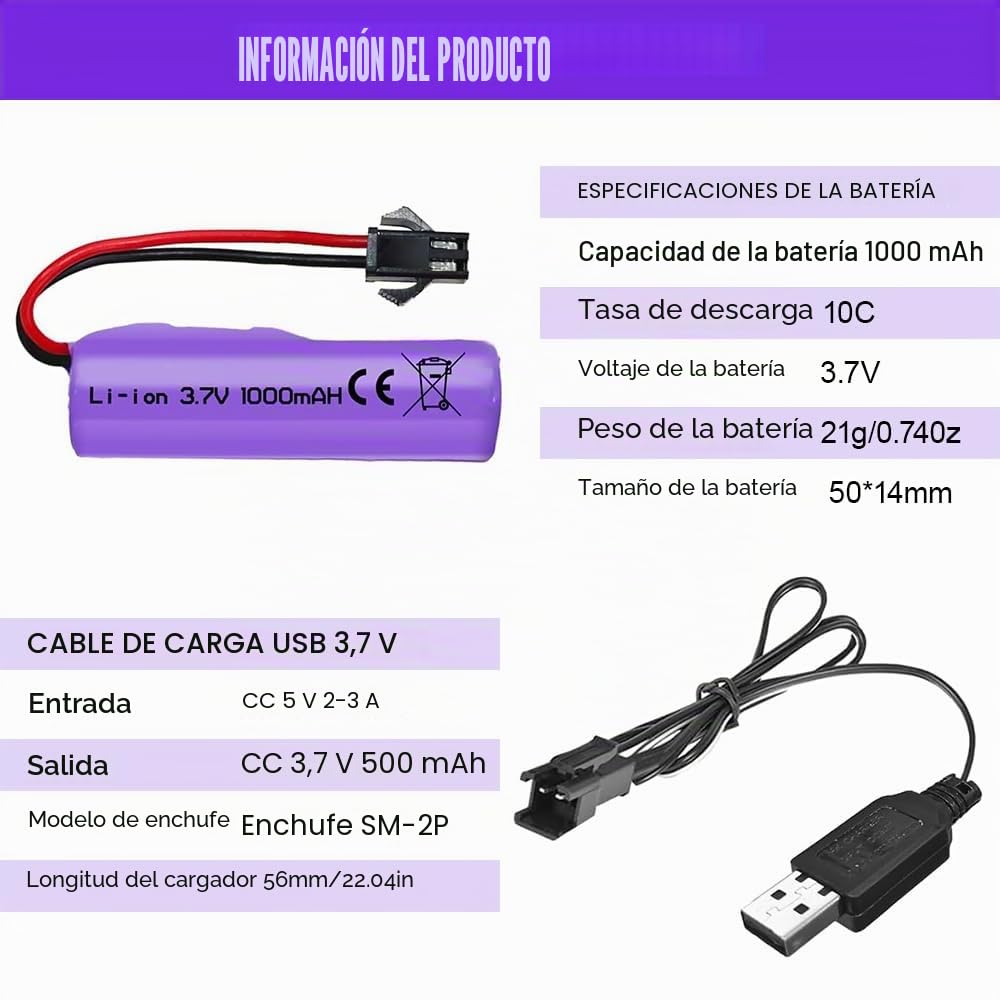 2 Piezas de 1000mAh 3.7V RC Batería, Baterías de Litio Recargables con Cable de Carga UBS Conector SM-2P, Batería Li-Ion Universal Compatible para Vehículos RC, Barcos, Tanques, Coches, Robots