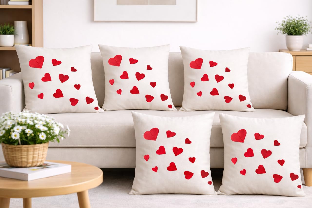 Premium Cotton Cushion Cover Set (5 Pieces) | Love Heart Pattern | 16” x 16” | Valentine Home Décor-picture-24
