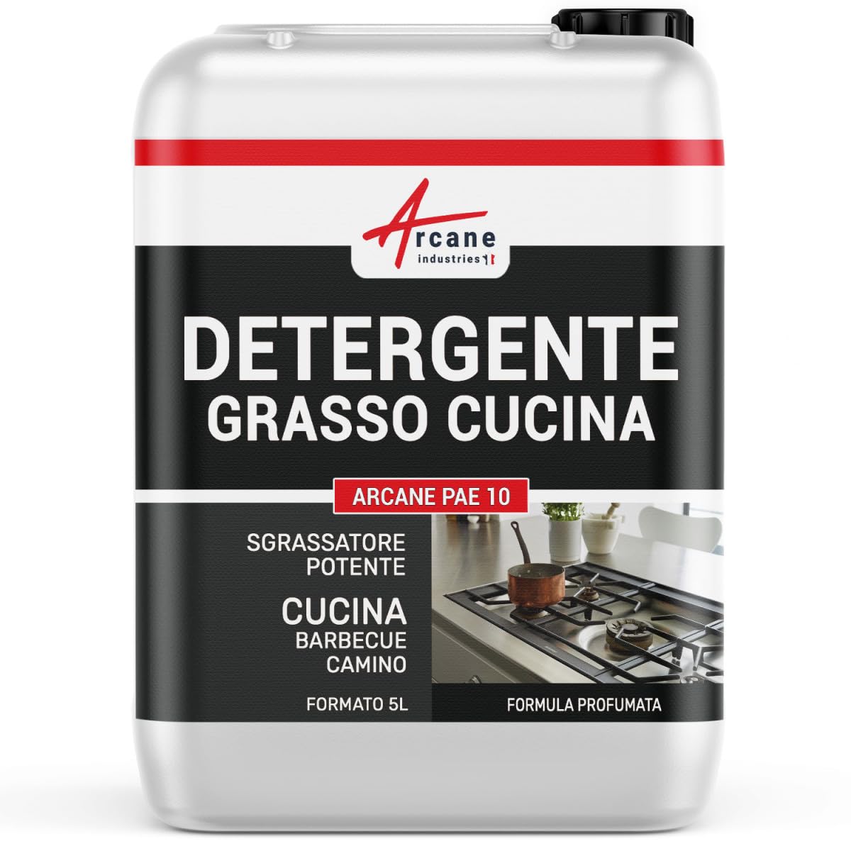 Sgrassatore Cucina, Cappa, Barbecue, Griglie e Piani Cottura 5 L | Sgrassa Grassi e Fuliggine Ostinati, Cappe, Barbecue, Griglie, Piani Cottura, Superfici Lavabili - Arcane Industries