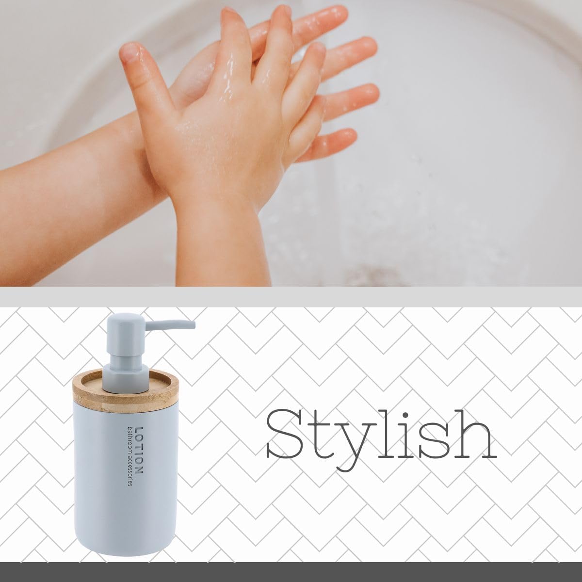 Modern Light Blue Hand Soap and Lotion Dispenser - Polyresin and Bamboo Design, 9 oz Refillable Liquid Pump for Bathroom and Kitchen Countertop