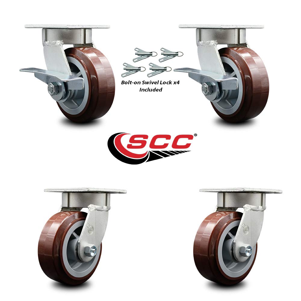 Kingpinless Poly on Polyolefin Swivel Top Plate Caster Set 4 w/5