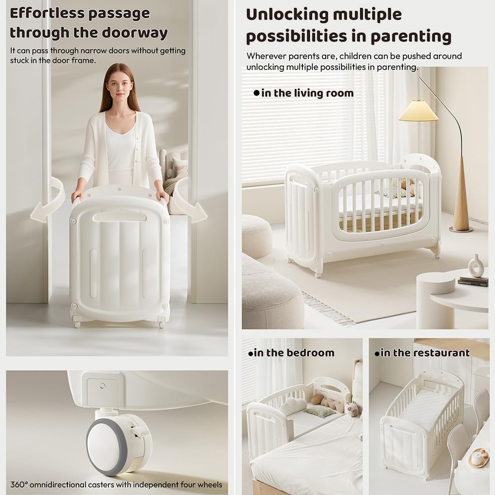 StarAndDaisy Baby Cot with Wheels / 100KG Heavy Duty PP Baby Crib/Waterproof & Termite Resistant/BPA-Free Newborn Baby Bed/Portable Infant Sleeping Cot -White (Dreambud-White) 1