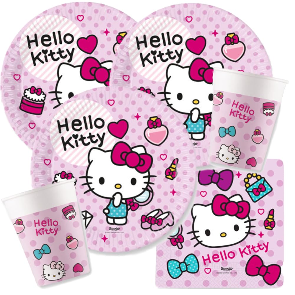 Procos Set per feste Hello Kitty – Fashion Stylish, 36 pezzi | Piatti di carta, bicchieri di carta, tovaglioli, per 8 bambini