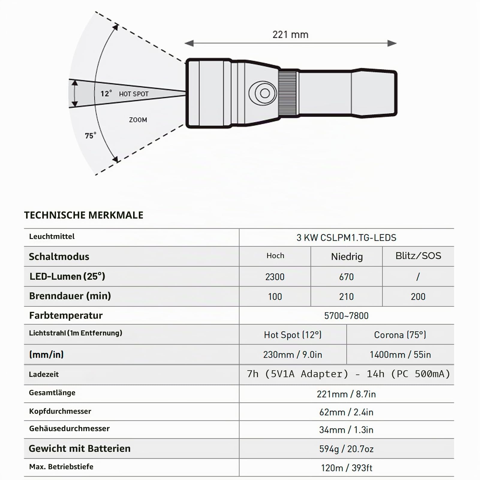Mares EOS 20LRZ, Led Tauchlampe, Aluminium