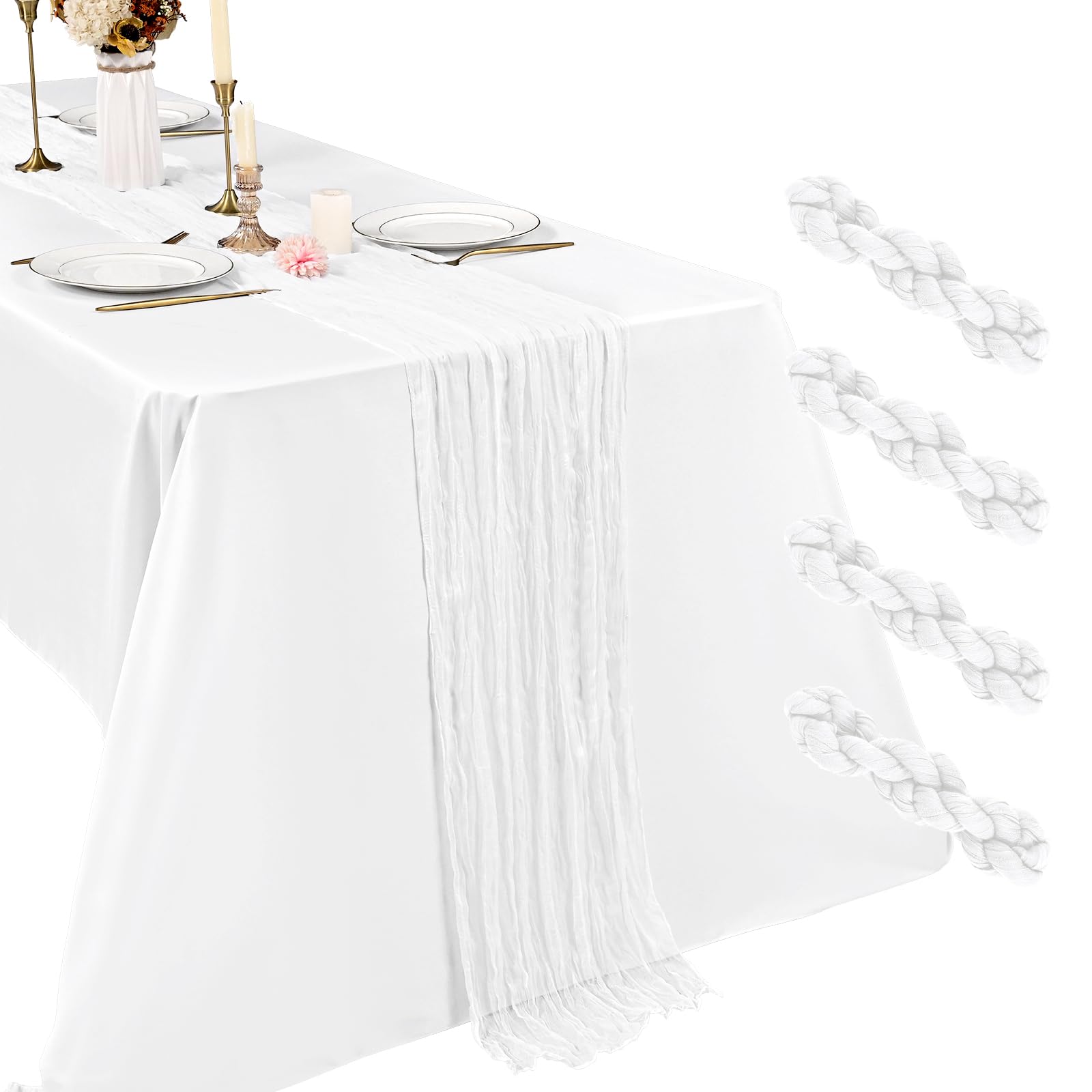 4 Pack White Cheesecloth Table Runner, 17.7 x 108 inch Boho Gauze Table Runner 45x275 cm Rustic Romantic Long Table Runner for Wedding Party Bridal Shower Christmas Decoration