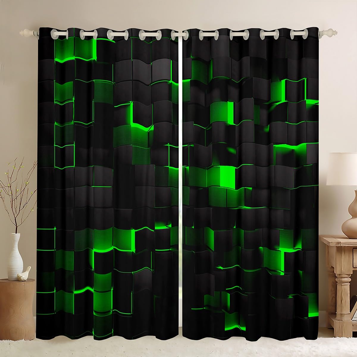 Erosebridal Black Green Window Curtains 42" Wx84 L Geometric Check Grid 50% Blackout Curtains for Boys Men Video Games Room Decor,Neon Stereoscopic