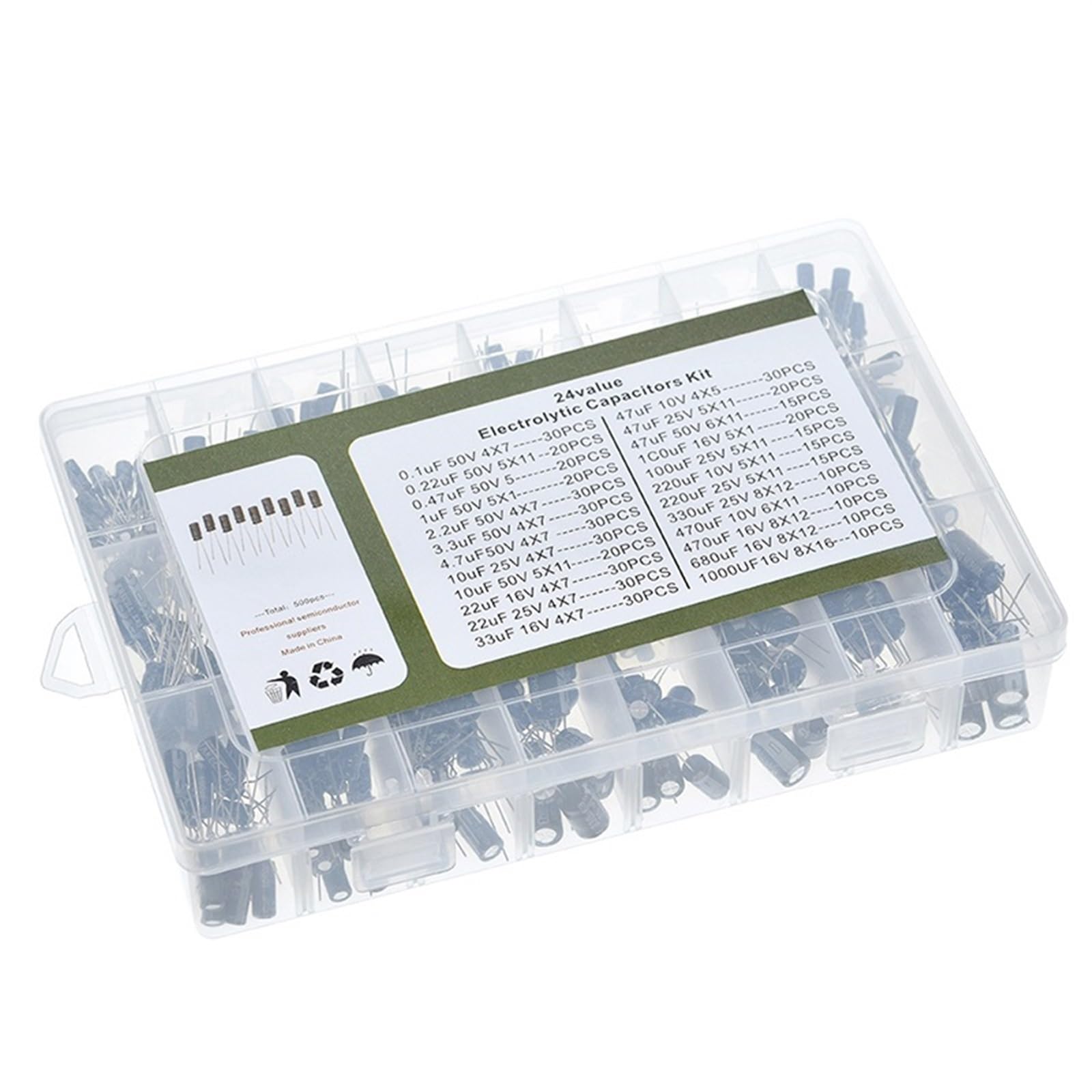 500 unids/lote 0,1 UF-1000UF 24 valores condensadores electrolíticos de aluminio 16-50V mezcla de condensadores electrolíticos kit surtido y caja de almacenamiento