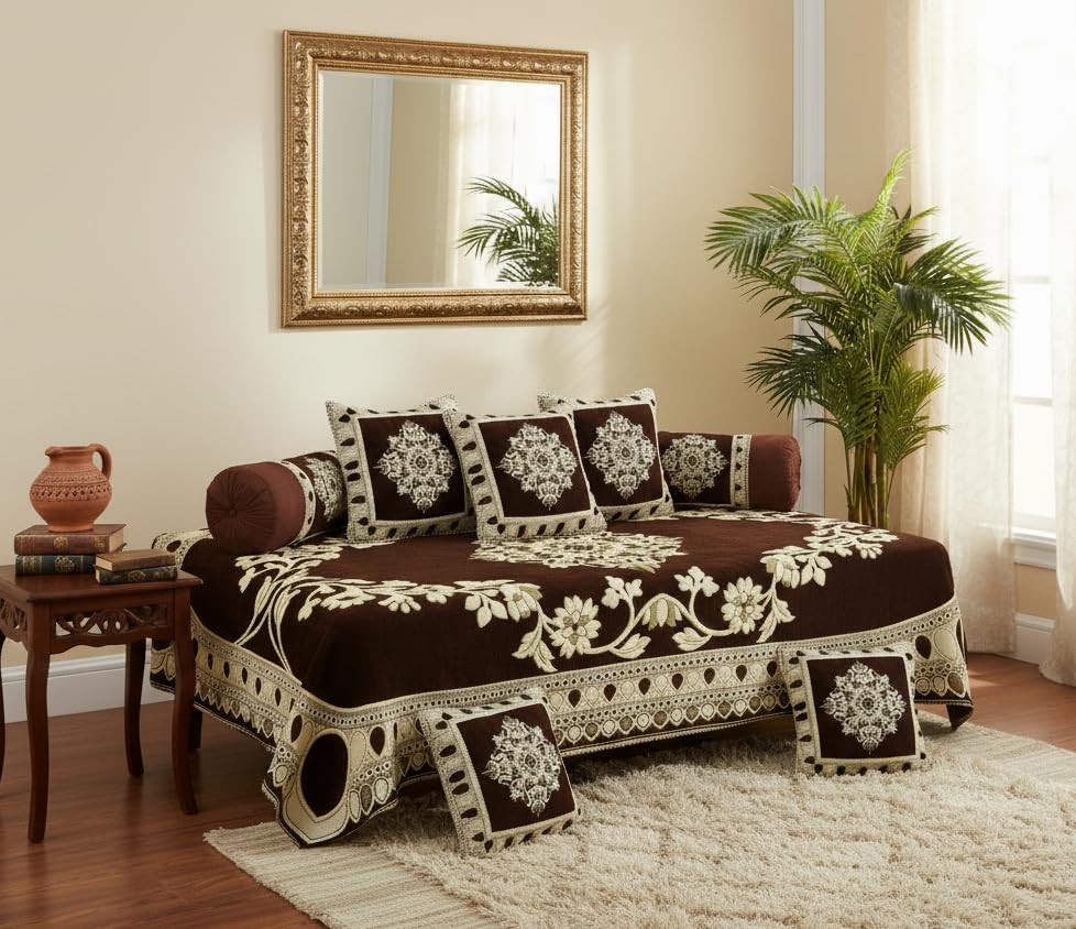 FRESH FROM LOOM 500 Tc Chenille Velvet Geometric Floral Bedsheet Diwan Covers Set (Brown) - Set Of 8-image-44