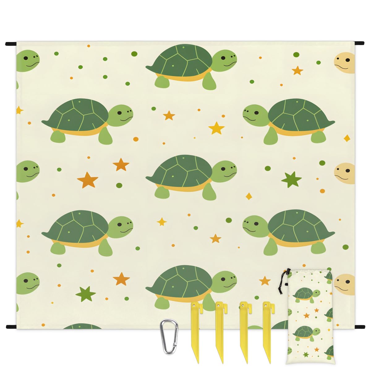Eabrults Waterproof Sandproof Beach Blanket, 59''×68'' Animals Turtles Polyester Outdoor Picnic Blanket with 4 Stakes & Storage Bag for Beach,Camping,Vacation Beige White