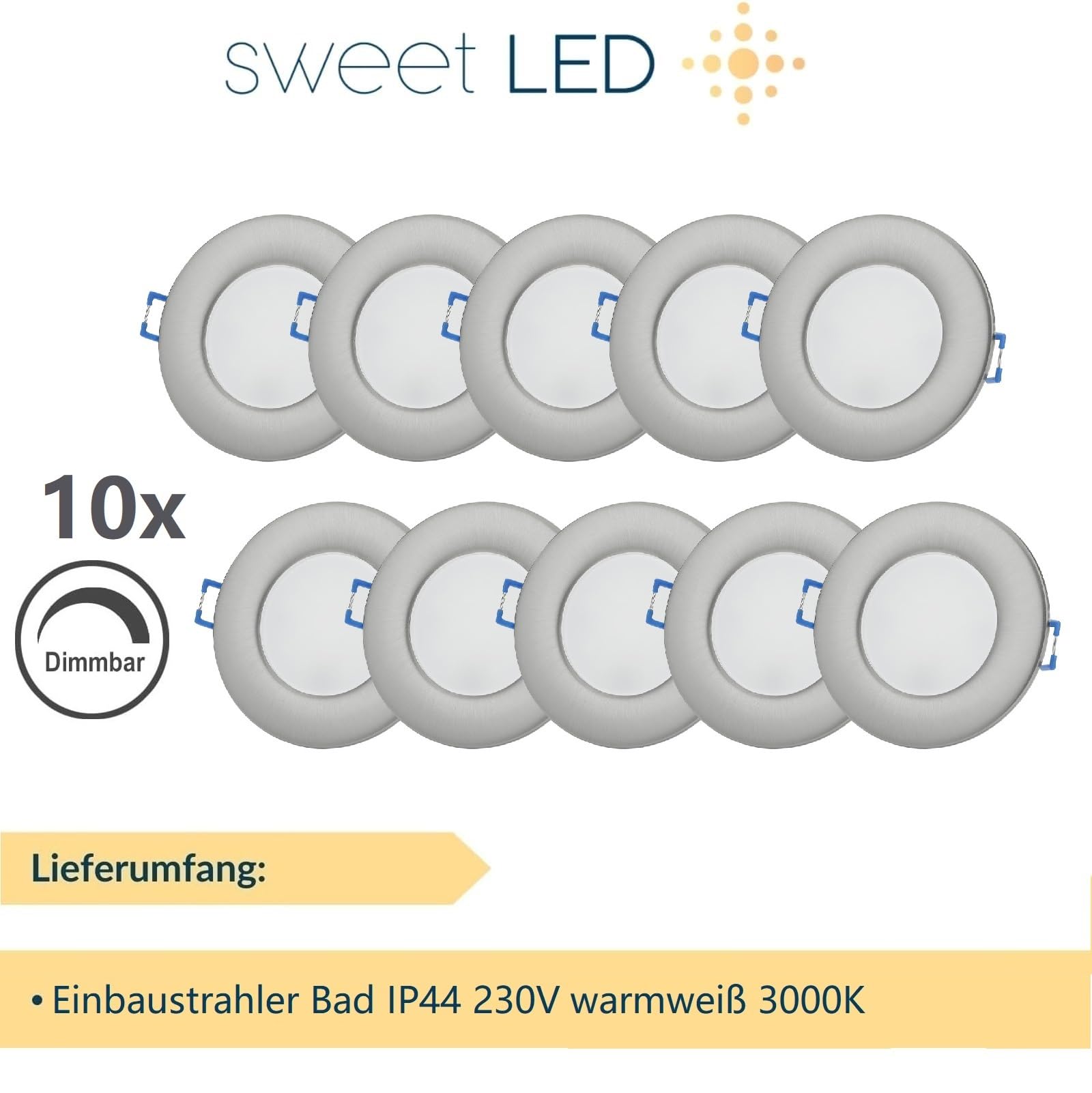 Sweet Led 10er Set LED Einbaustrahler 230V IP44 Dimmbar – Flach 6,5W Spots 3000K Warmweiß – 580lm – Deckenstrahler Ø68mm – Badezimmer Küche Feuchtraum geeignet