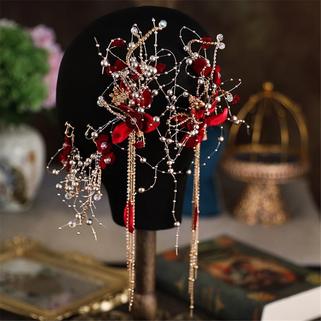 Bridal Headwear Wedding Red Side Clip Earrings Set Dress Hair Accessories Toasting Wear