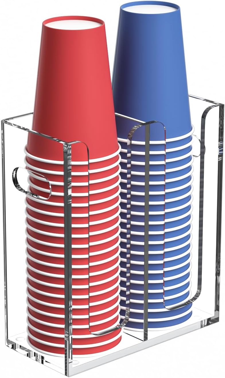 Disposable Coffee Cup Dispenser with Handles, Countertop or Wall Mount Hot/Cold Drink Cup and Lid Holder - Bathroom/Kitchen/Office Acrylic Cup Lid Storage Organizer (4 Compartments, Clear)