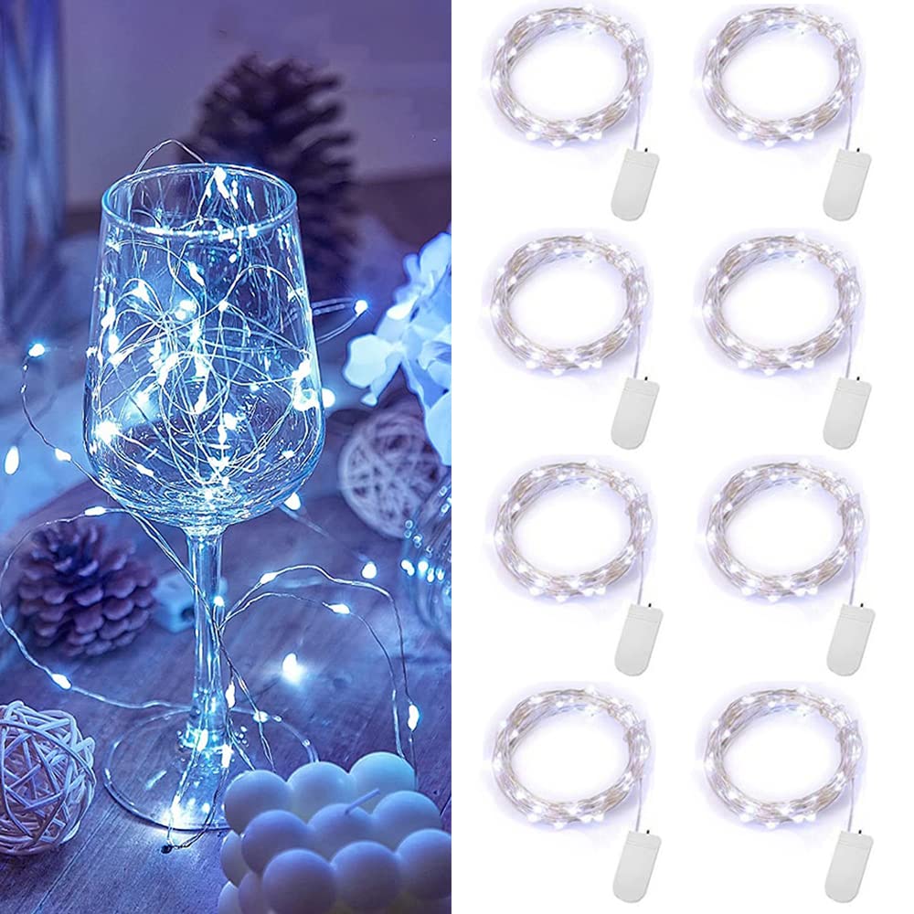 xnfive Cadena de Luces con Pilas, 1M 10 LEDs Guirnaldas Luces Alambre de Cobre IP65 Impermeable para Interior Exterior Navidad Boda Fiesta Hogar Jardín Decorativas, Blanco frio (8 Piezas)