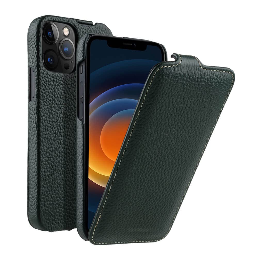 Étui en cuir véritable iPhone 12 vert style luxe affaires vertical - 6