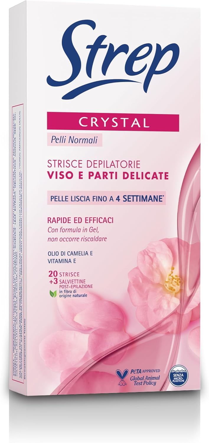 Strep Crystal Strisce Depilatorie Viso E Parti Delicate Con Olio Di Camelia e Vitamina E 20Pz