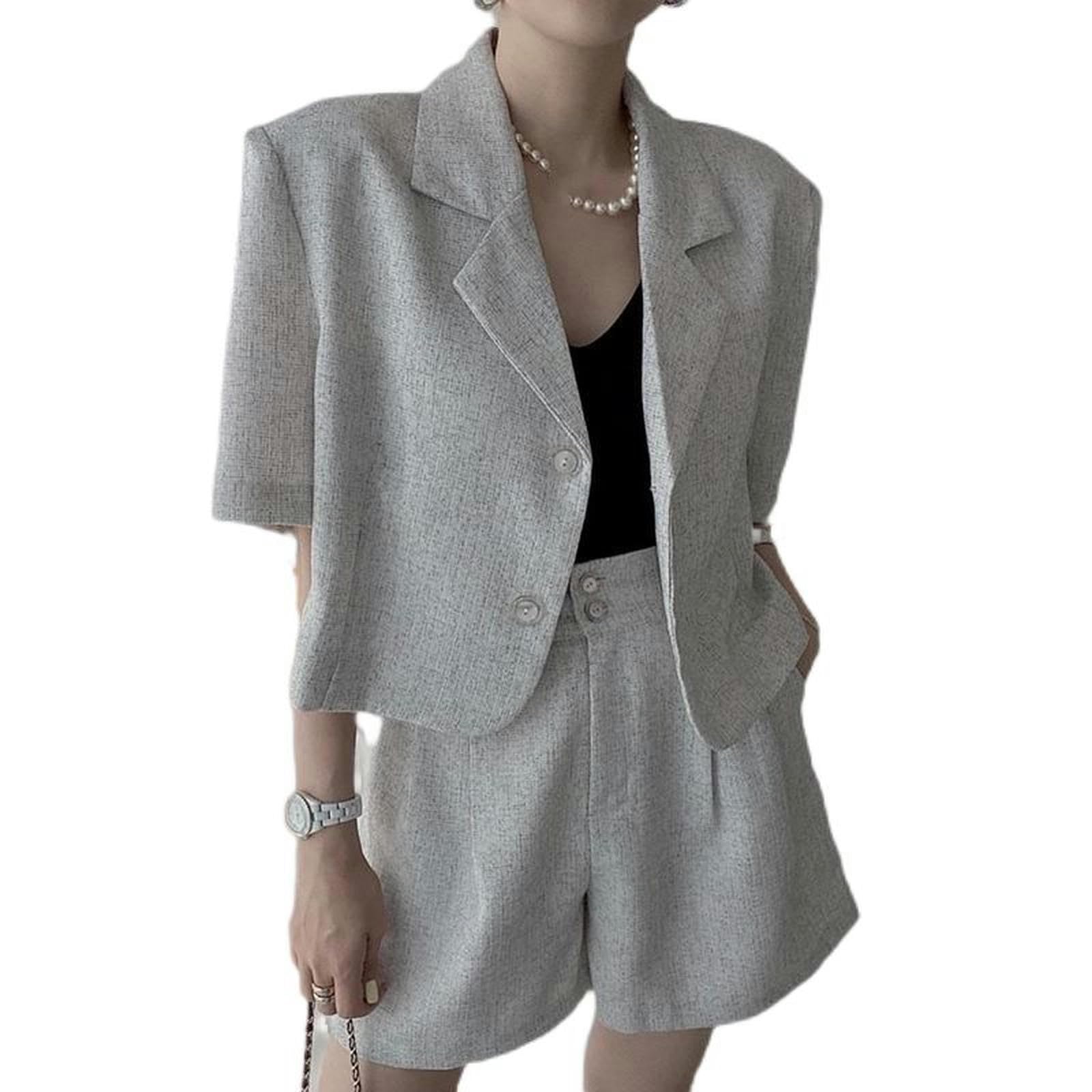 Sommer-Temperament-Kurzjacke mit Anzugkragen + hoch taillierte, vielseitige Zwei-Knopf-Shorts mit weitem Bein – graue Aprikosenjacke – S